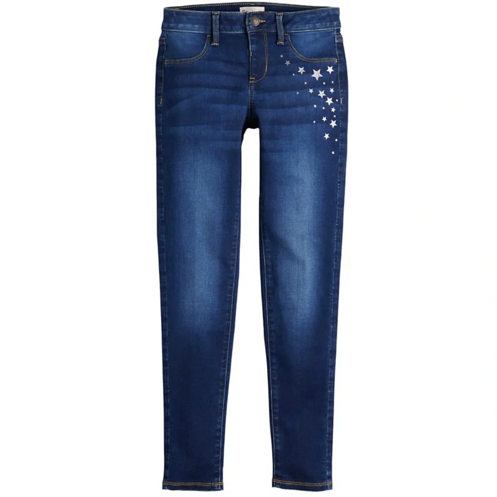 SO Dark Wash Skinny Jeggings Silver Star Accents Stretch Girls 14 NWT Mid Rise - Picture 1 of 11